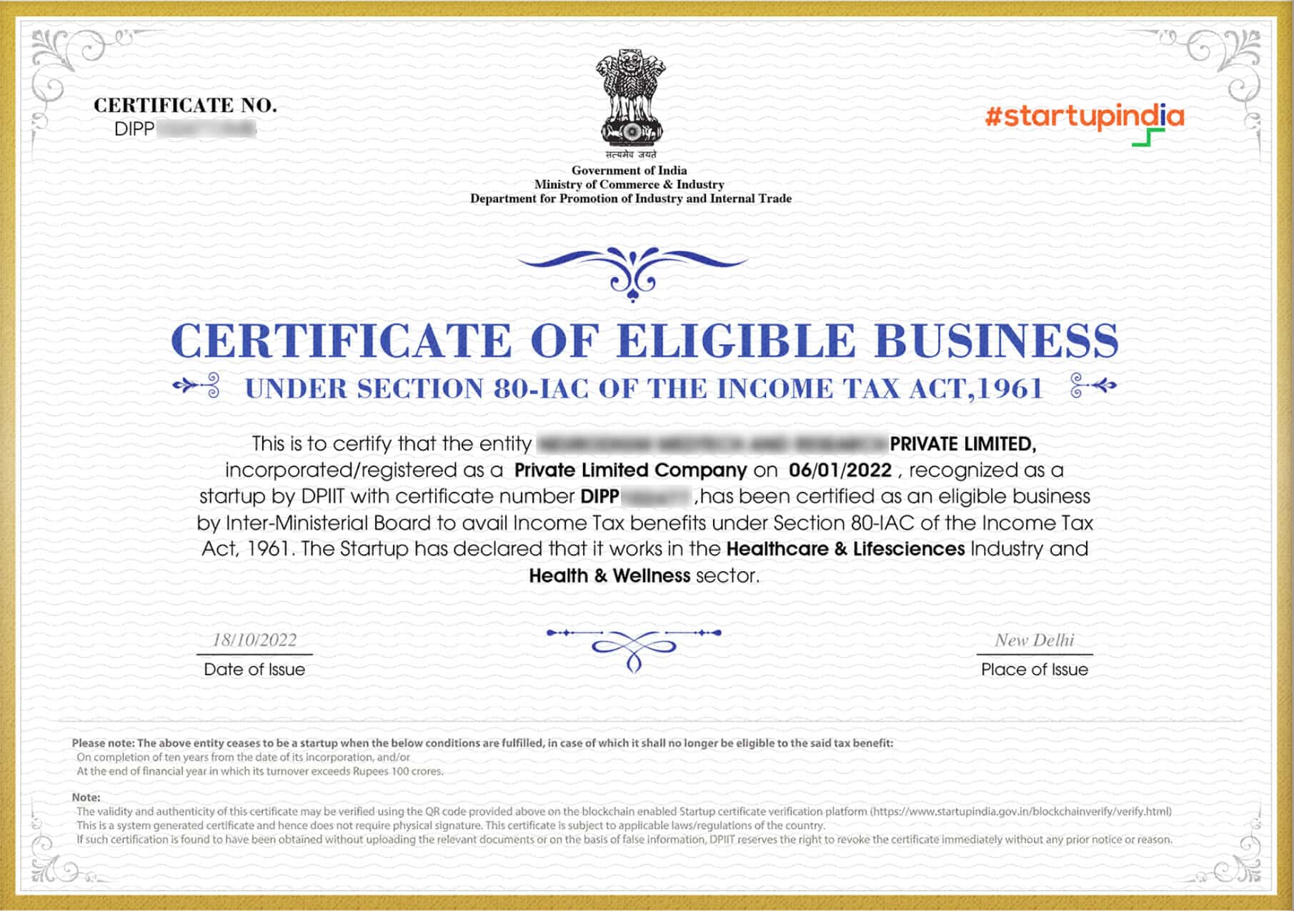 Startup India Certificate